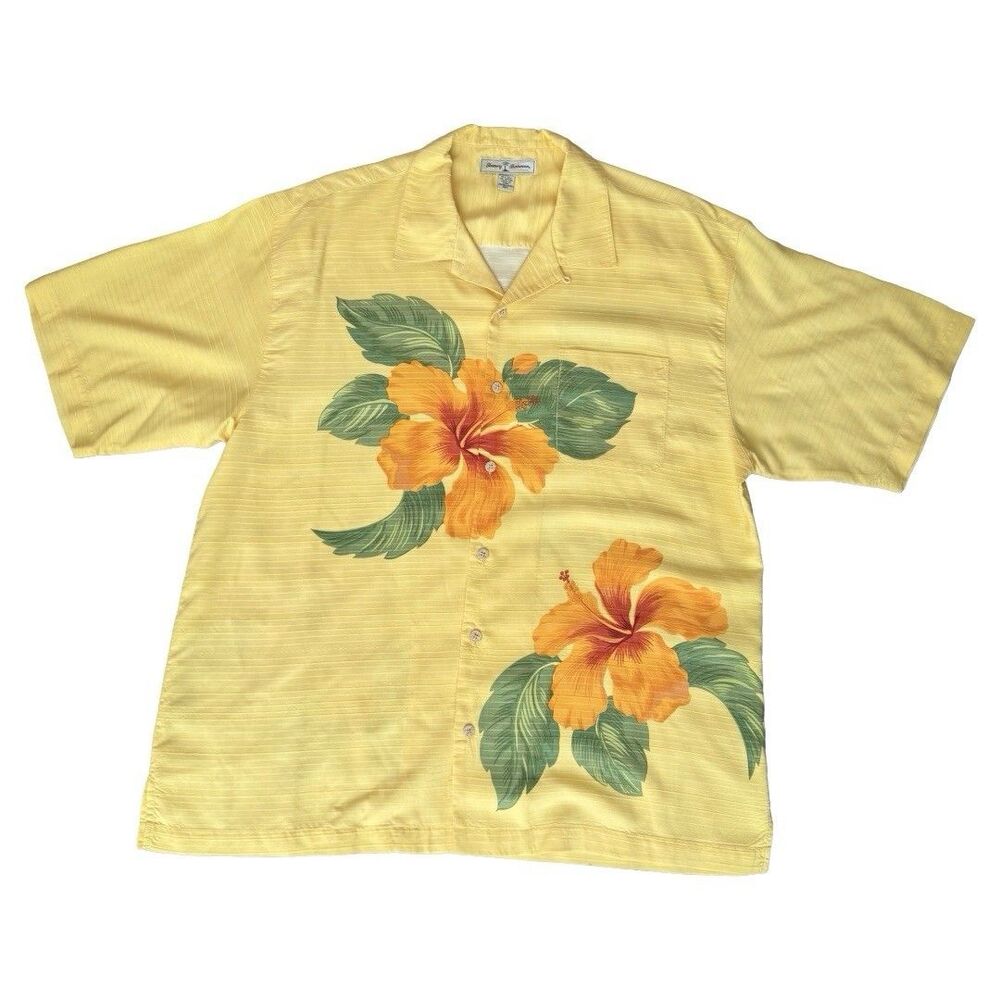 Tommy Bahama Hawaiian Shirt Mens Button Size XL Silk Blend Yellow Flowers